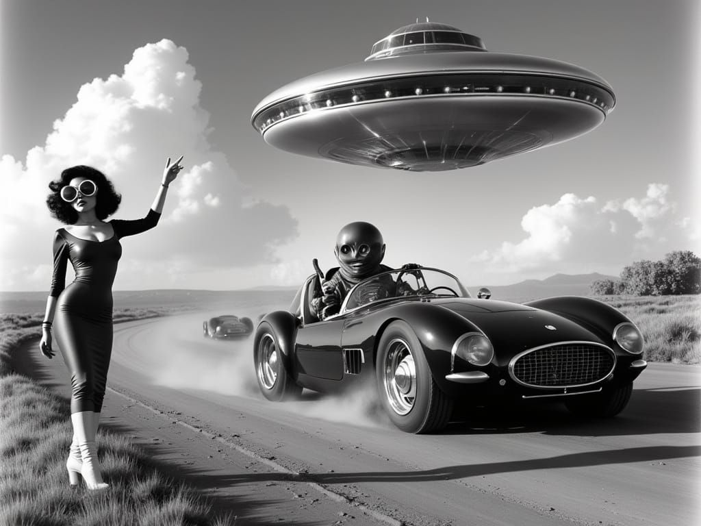 Film Noir-Inspired Retro Futurism Scene with Alien Driver an...