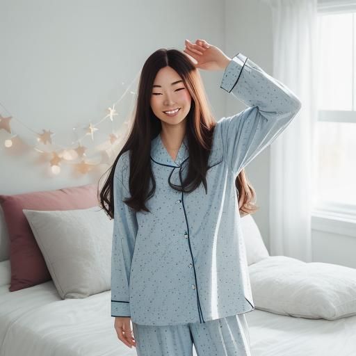 a girl with long hair in pajamas standing on the bed and rea...