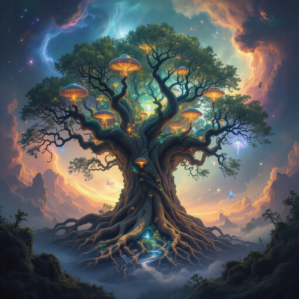 Ancient Tree Reaching Galaxies in Fantasy Art