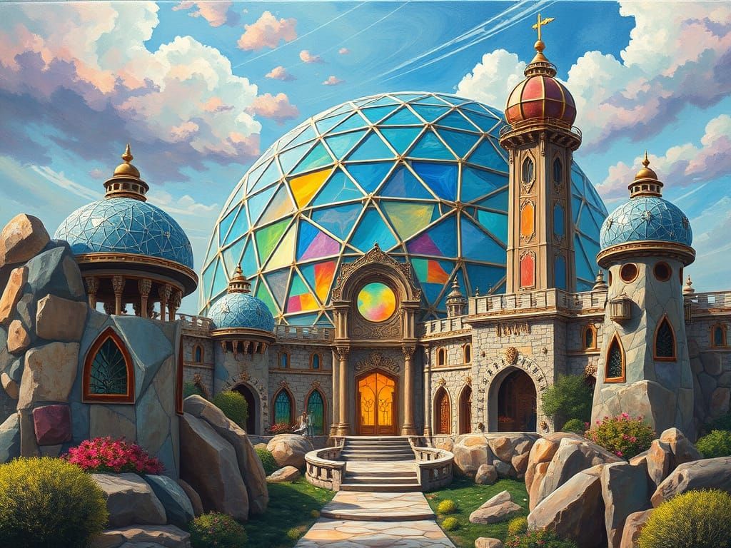 Ethereal Fantasy Geodesic Dome Castle Oil Painting