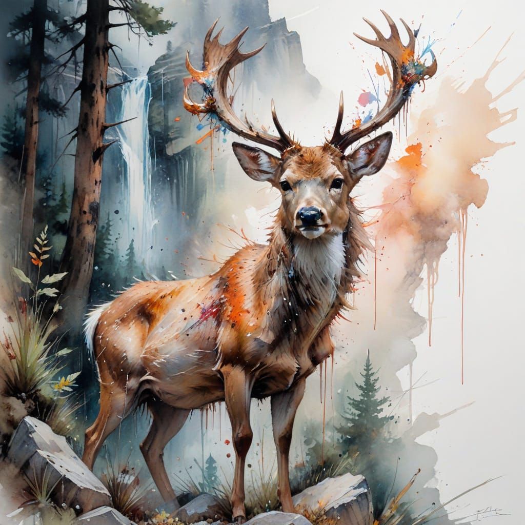 Deer in Mountain Forest: Watercolour and Ethereal Style