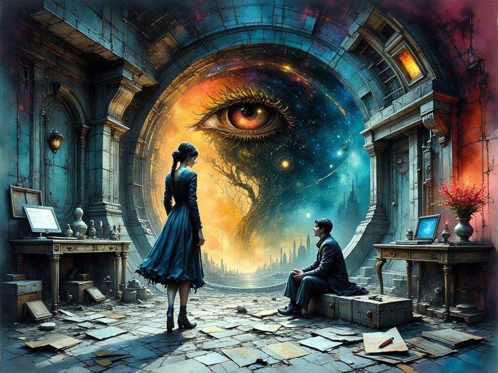 Futuristic Conversation in Dimly Lit Sci-Fi Room