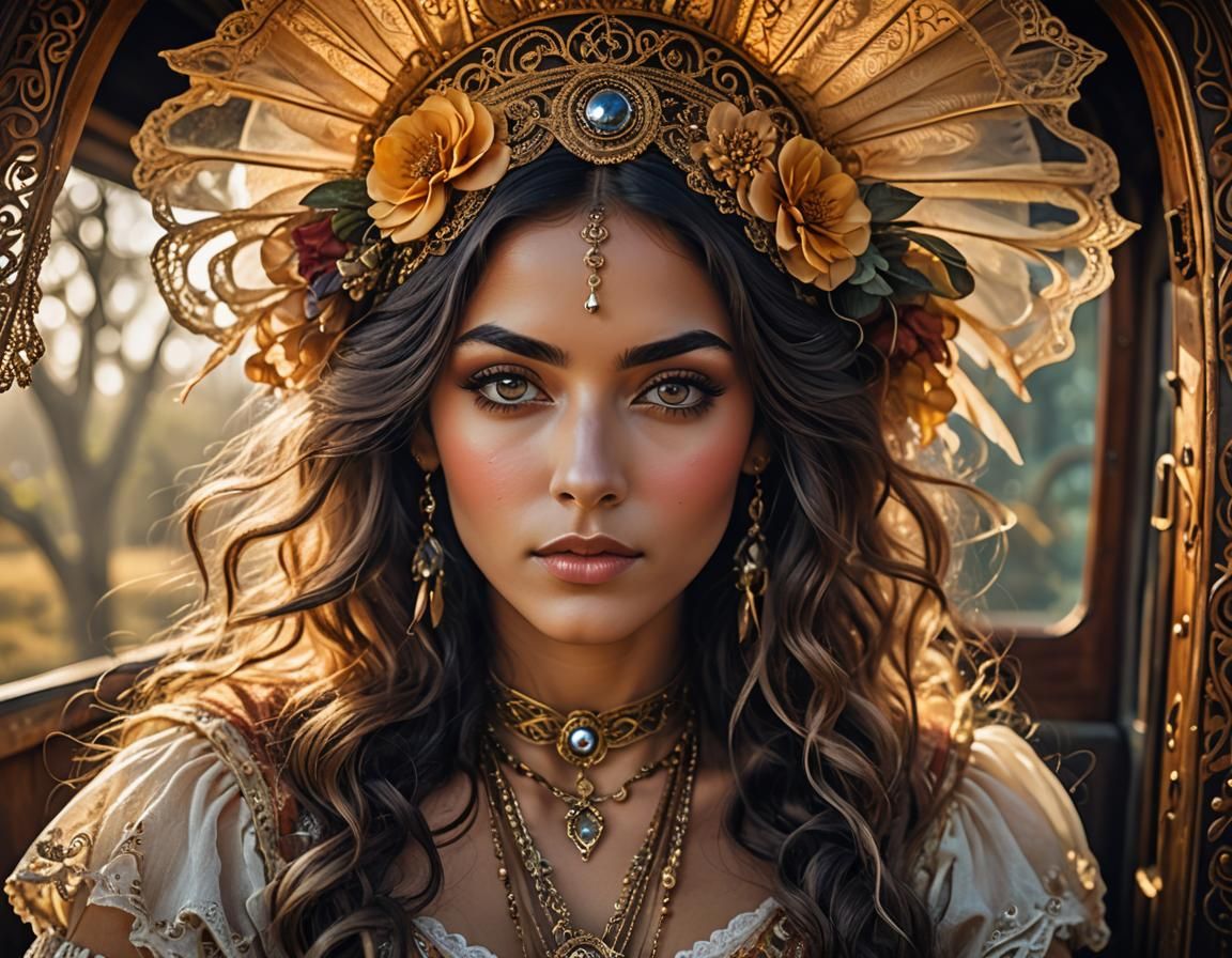 Magical Gypsy Girl Portrait in Art Nouveau Style