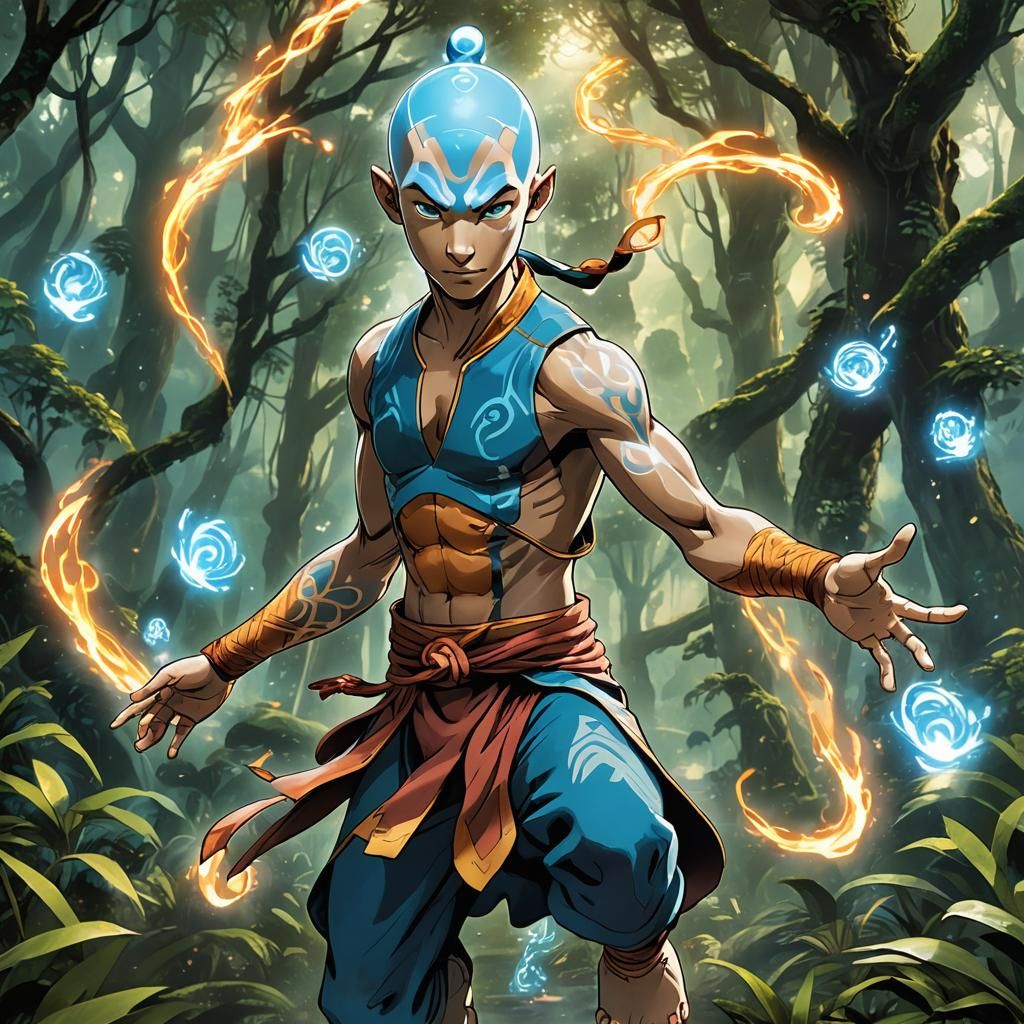 Avatar Aang and Neytiri in Bioluminescent Forest