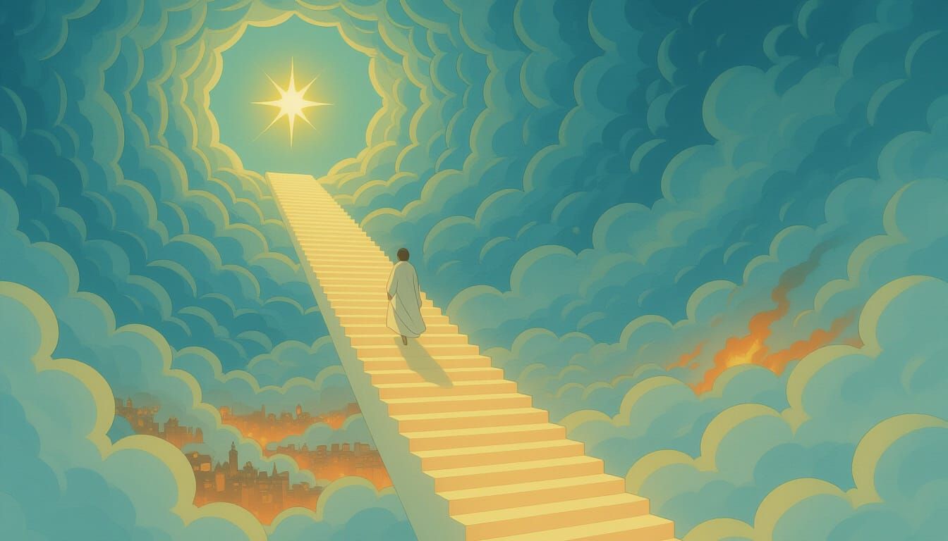 Radiant Staircase Ascent: Ghibli-Inspired Spiritual Journey