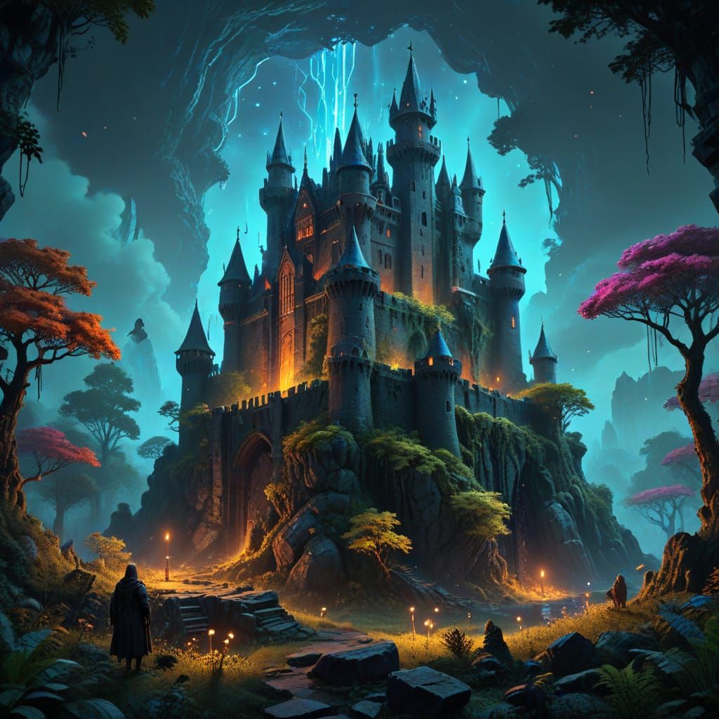 Ancient Castle in Bioluminescent Forest with Cosmic Energies
