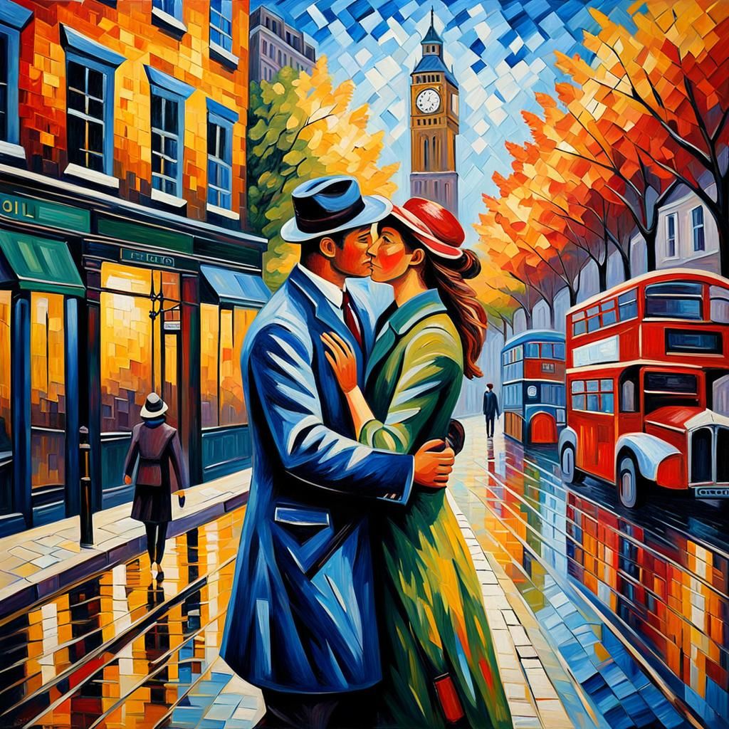 London Lovers: An Expressionist Oil Painting