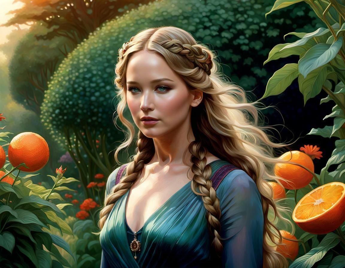 Jennifer Lawrence Portrait in Lush Summer Garden