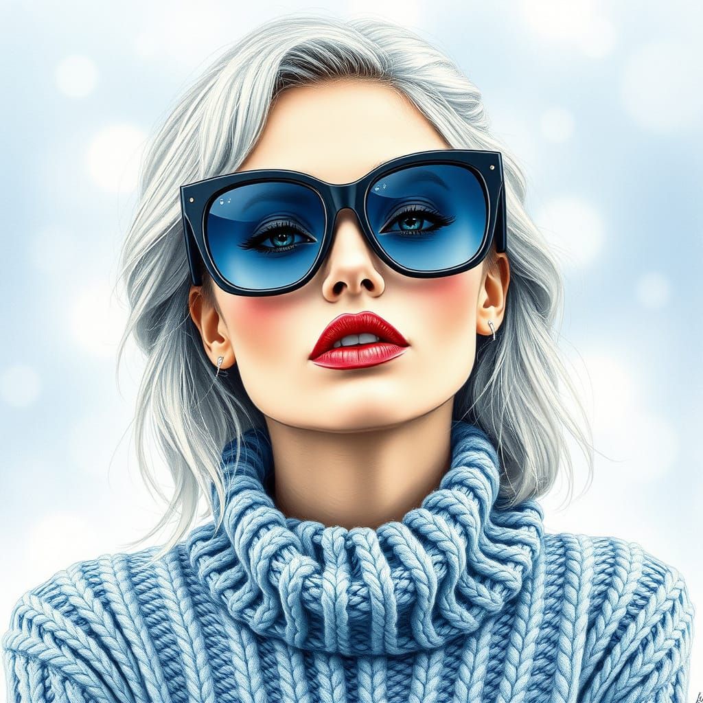 French Woman in Silvery-Blue Sweater, Oversized Sunglasses, ...