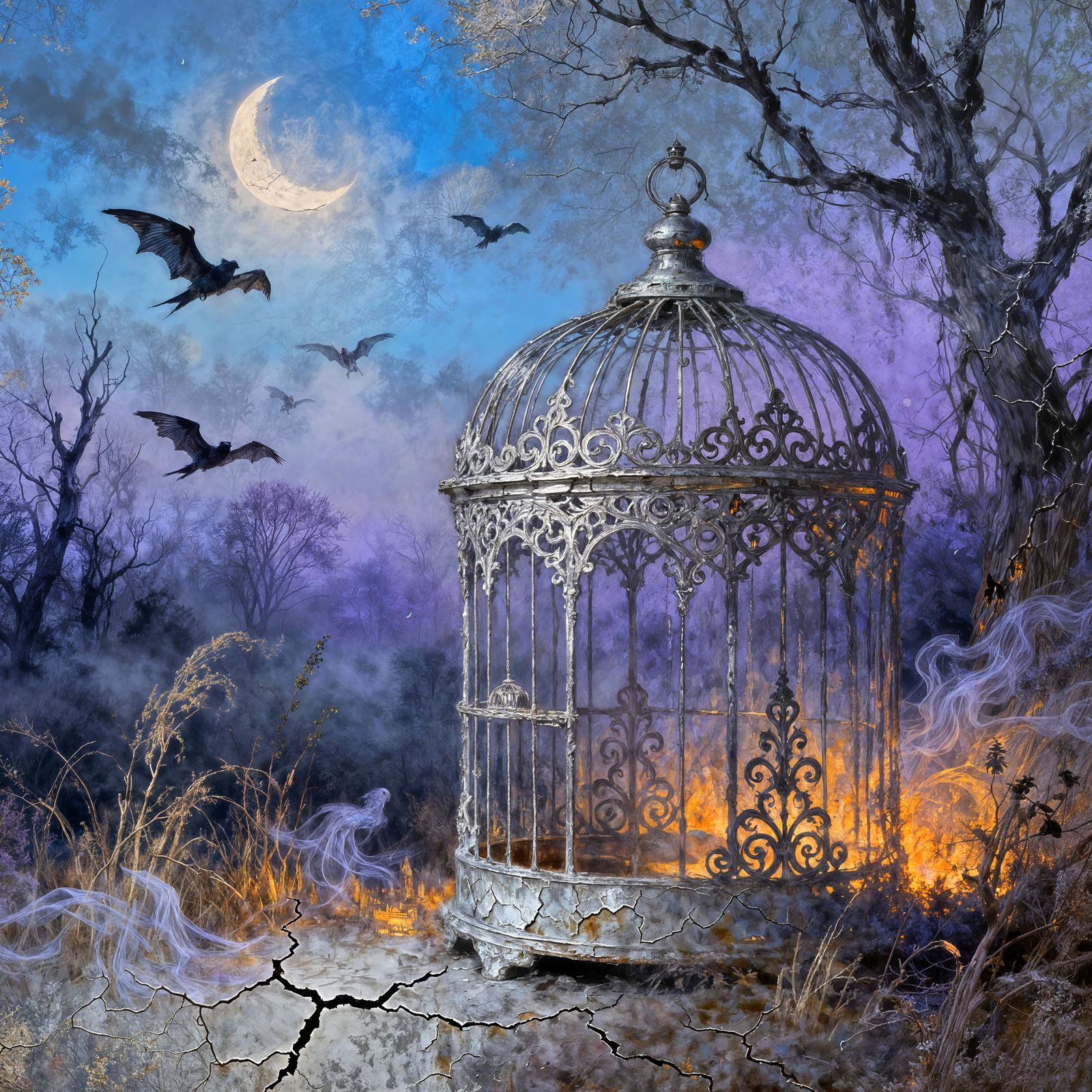 Enchanted Vintage Birdcage in Mystical Twilight Landscape