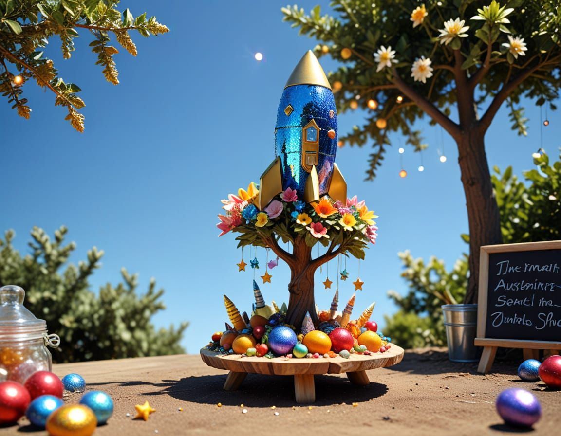 Cute Rocket Ship Beach Decor with Gold Glitter