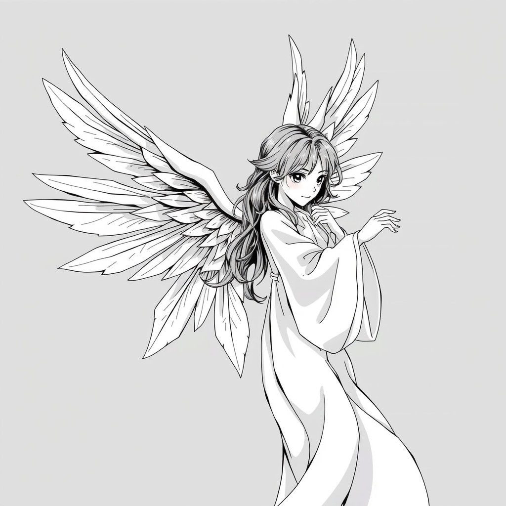Winged Angel in Black and White Anime Style