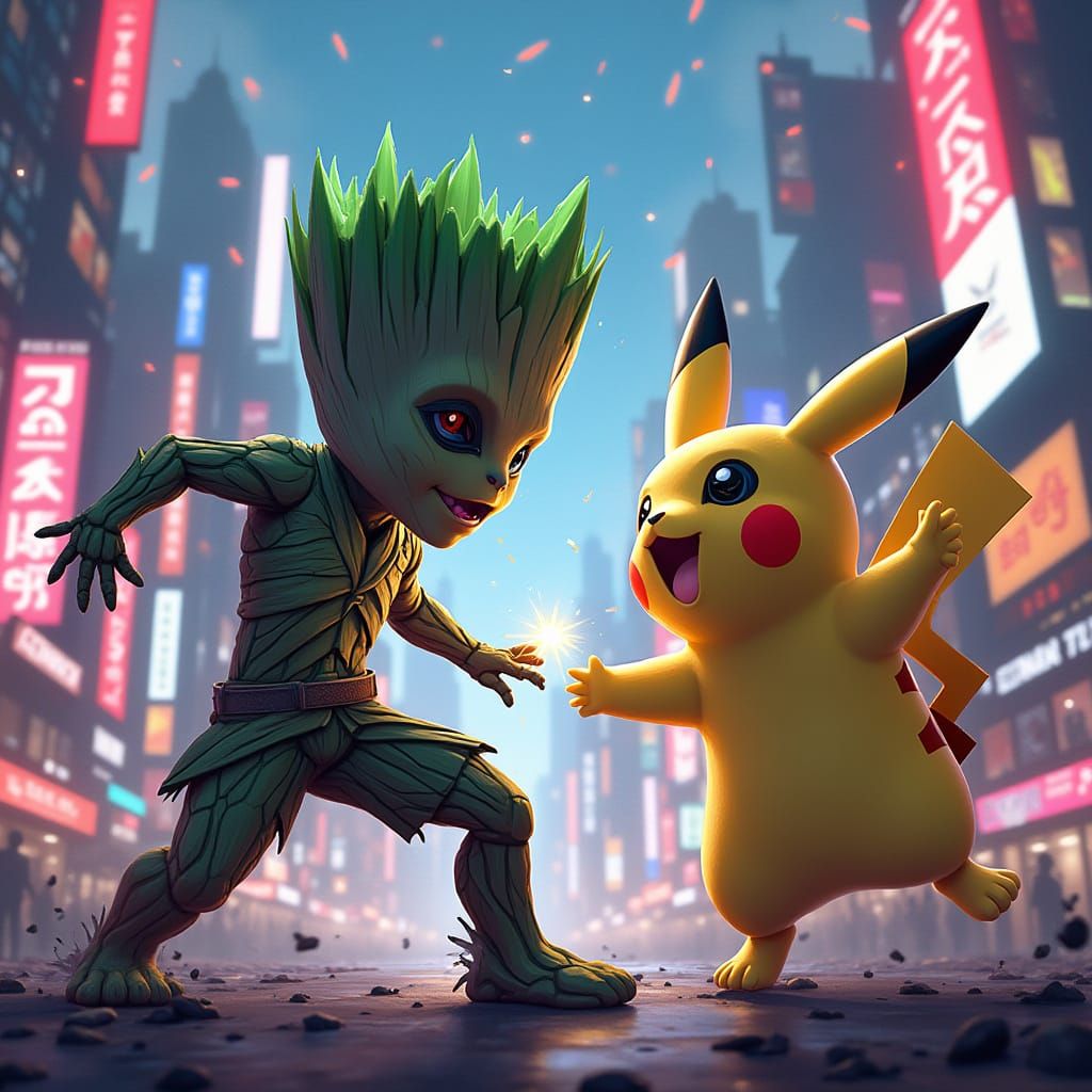 Baby Groot vs Pikachu in a Futuristic Cityscape