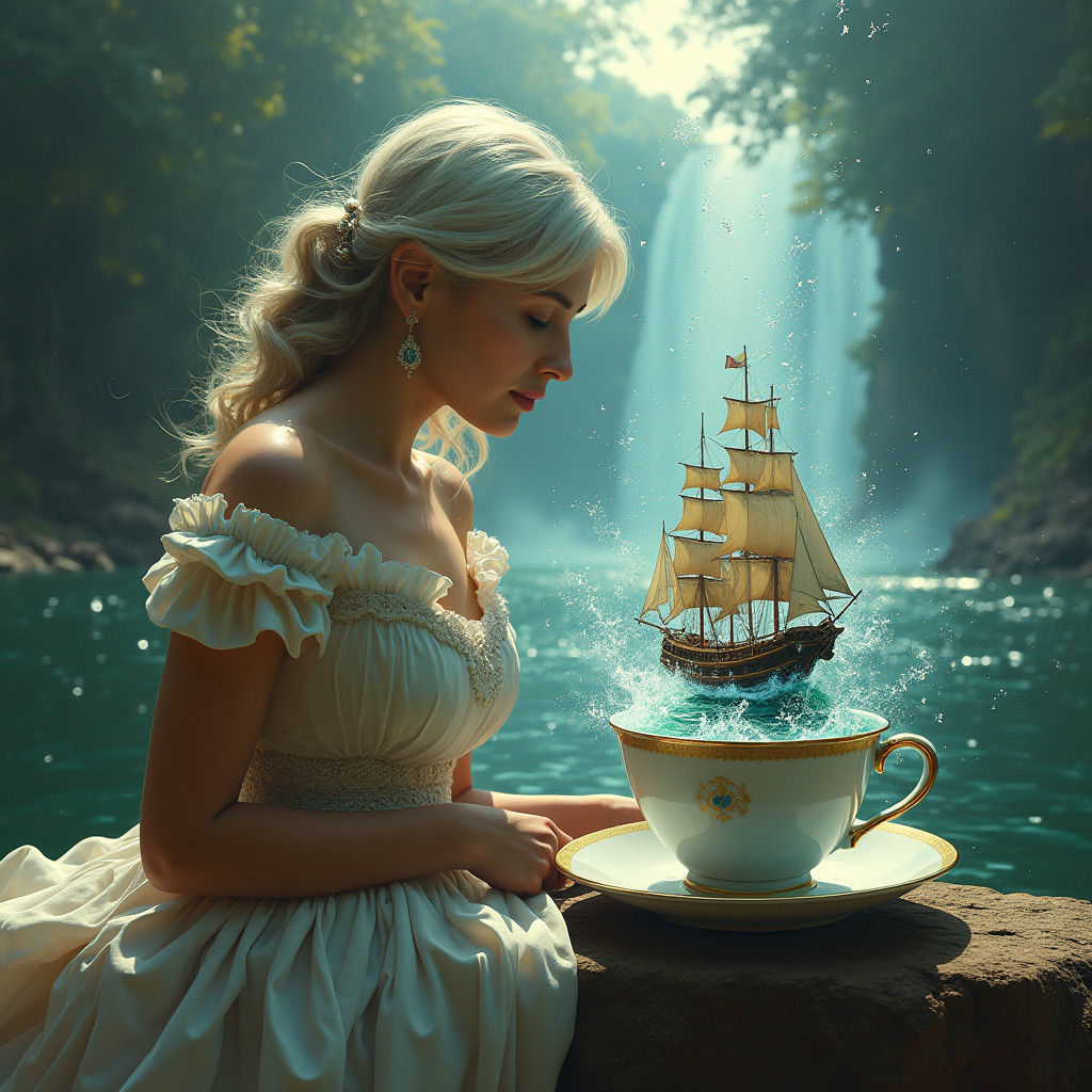 Woman Gazes into Teacup Storm: Hyperrealistic Splash Art