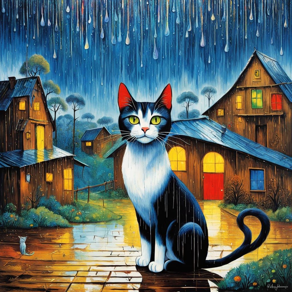 Majestic Cat in Dreamy Rainstorm, Expressionist Matte Painti...