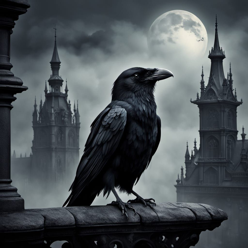 Melancholic Raven in Victorian Hat Overlooking Foggy Citysca...