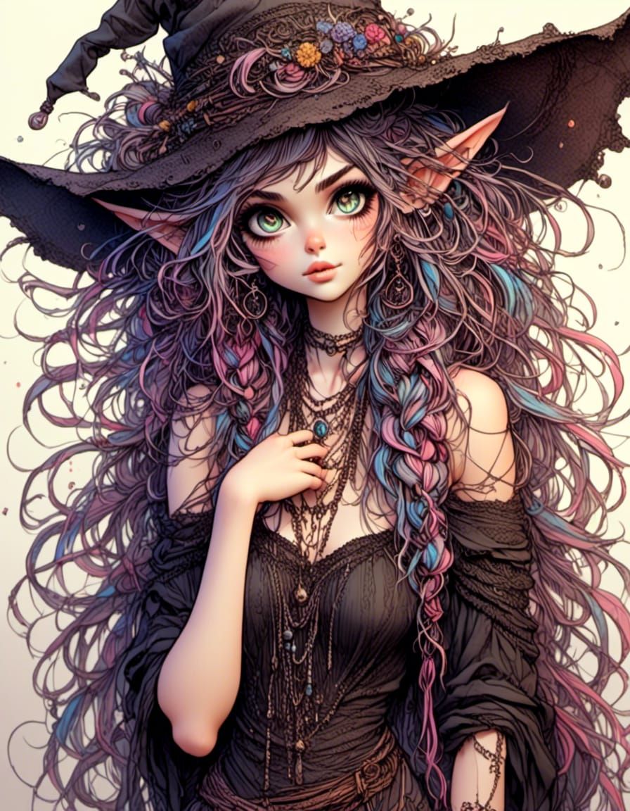Beautiful Witchling with Expressive Eyes in Color Illustrati...