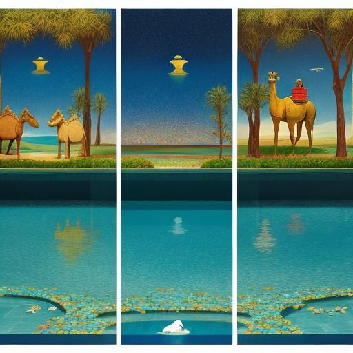 Camel at Oasis Pool in Surrealist Triptych