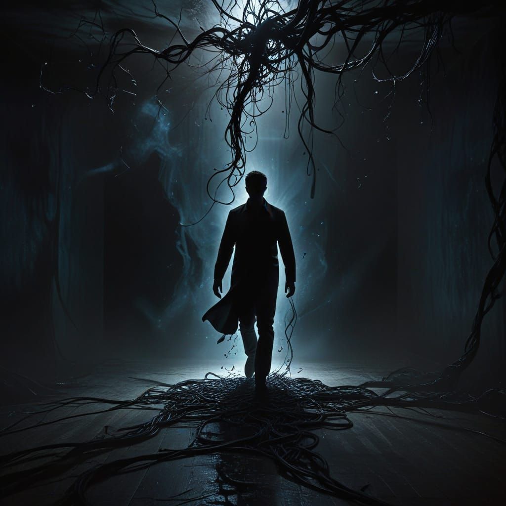 Surreal Silhouette Falls in Eerie Dark Fantasy