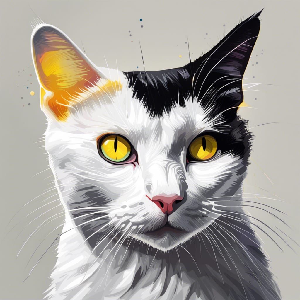 Hyperrealistic Black and White Cat with Yellow Eyes