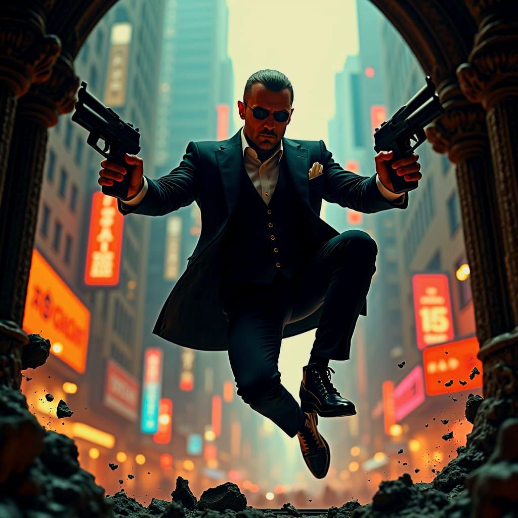Man in Black Suit Leaping with Guns