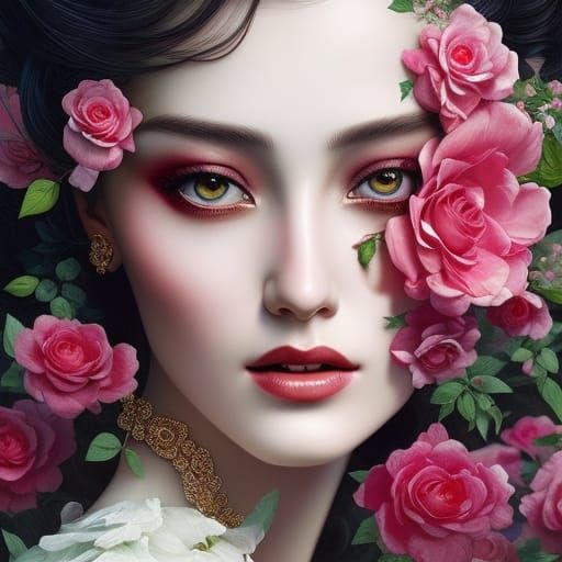 Beautiful Woman Surrounded by Roses in Fantasy Art Style