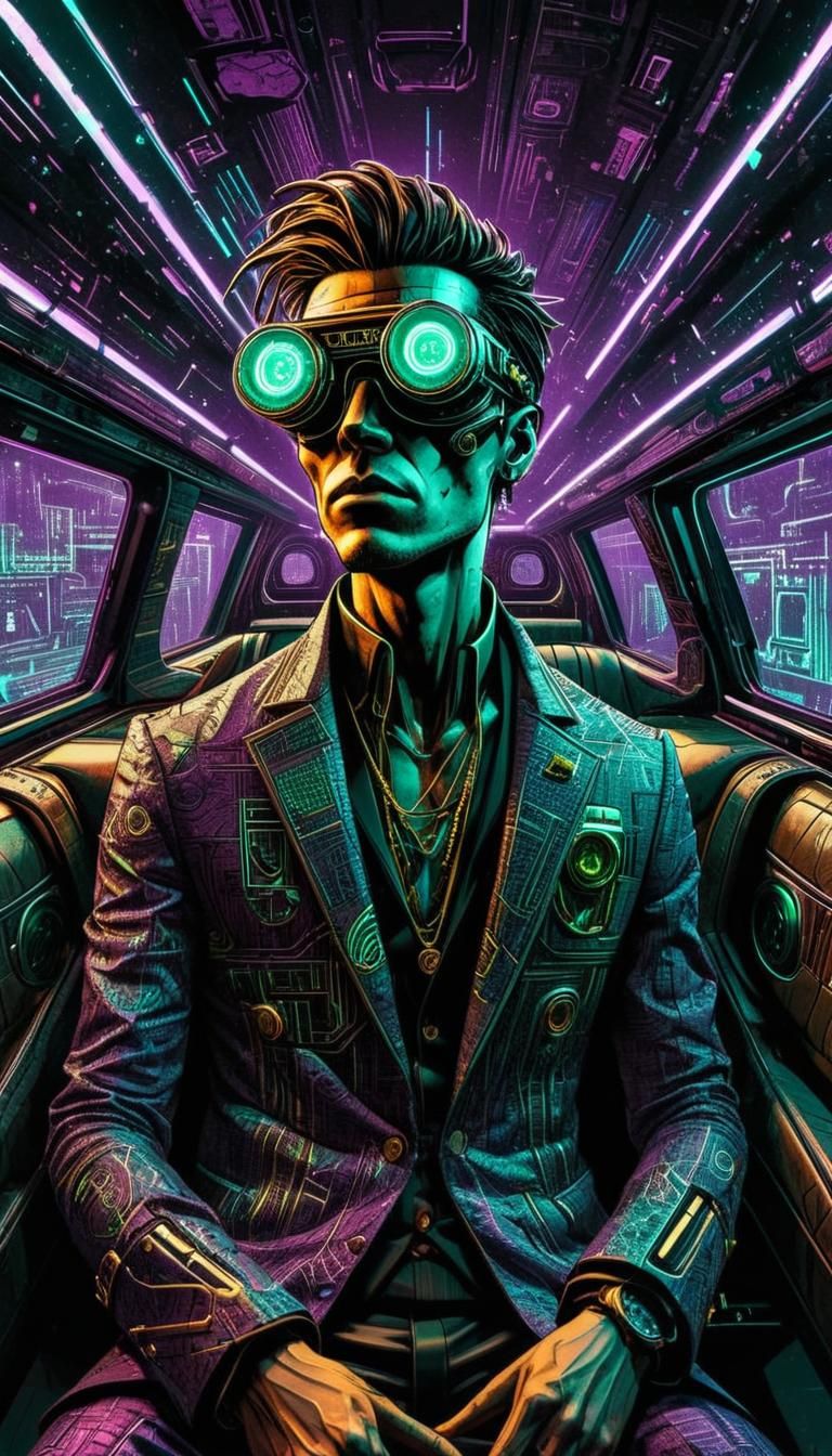 Cyberpunk Man in Limousine, Gritty Comic Art