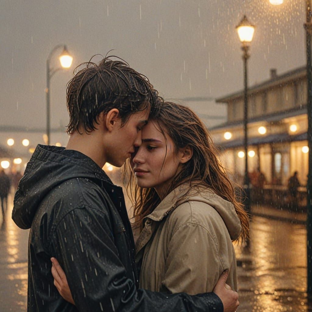 Teenage Couple Embrace in Rainy, Romantic Film Still