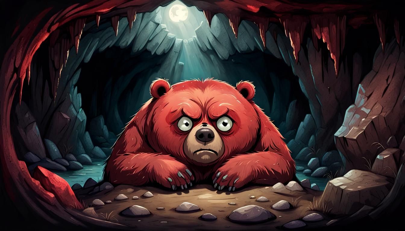 Frowning Grumpy Bear in a Creepy Cave Storybook Illustration