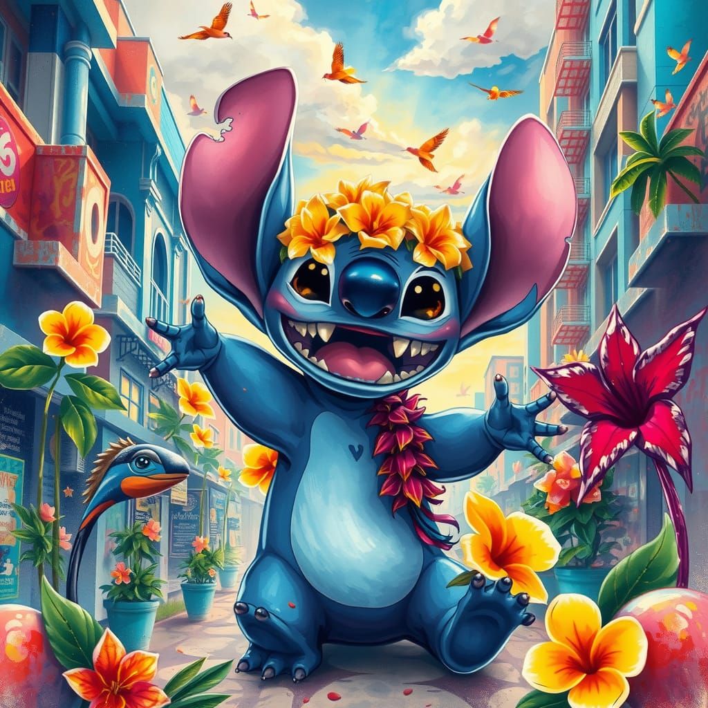 Stitch's Hawaiian Adventure in Watercolor Graffiti Style