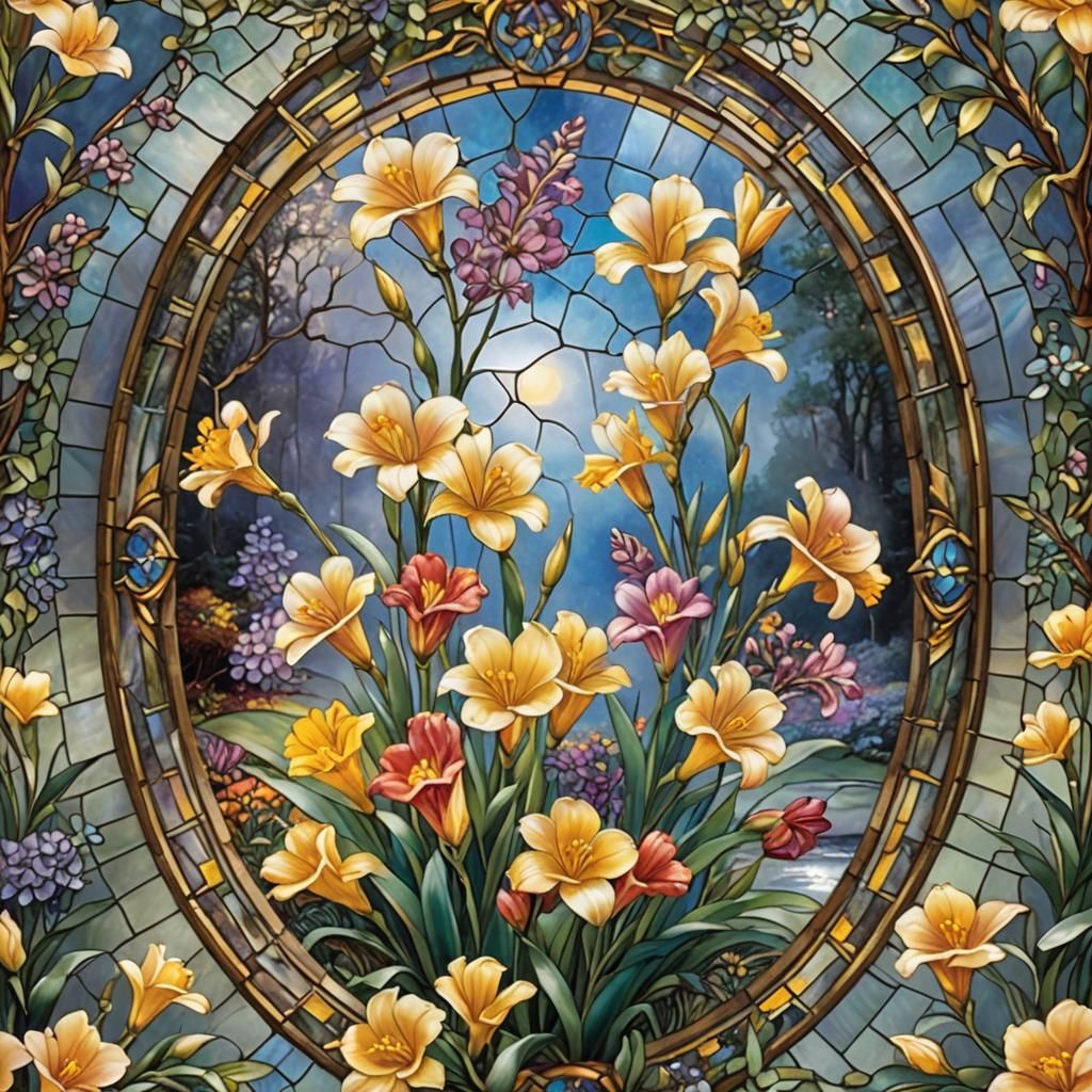 Freesia Flower in Traditional Stained Glass