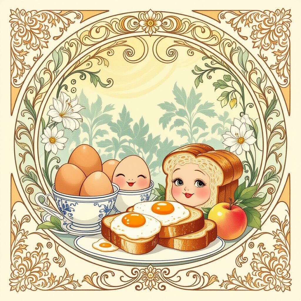 Art Nouveau Breakfast Whimsy in Pastel Hues
