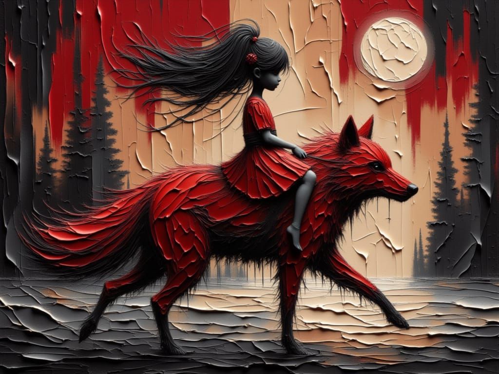 Native American Girl Rides Red Wolf Under Crimson Moon