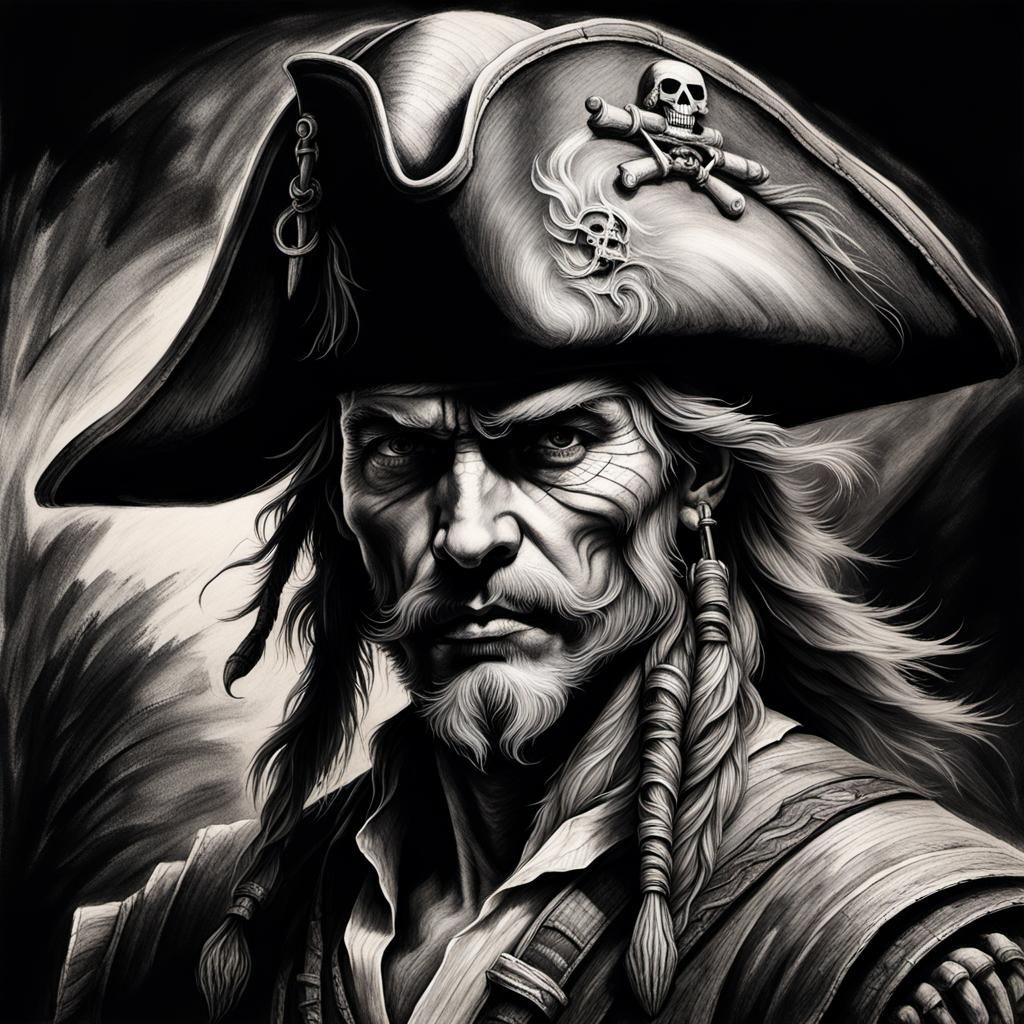 Pirate with Tricorn Hat in Charcoal Drawing