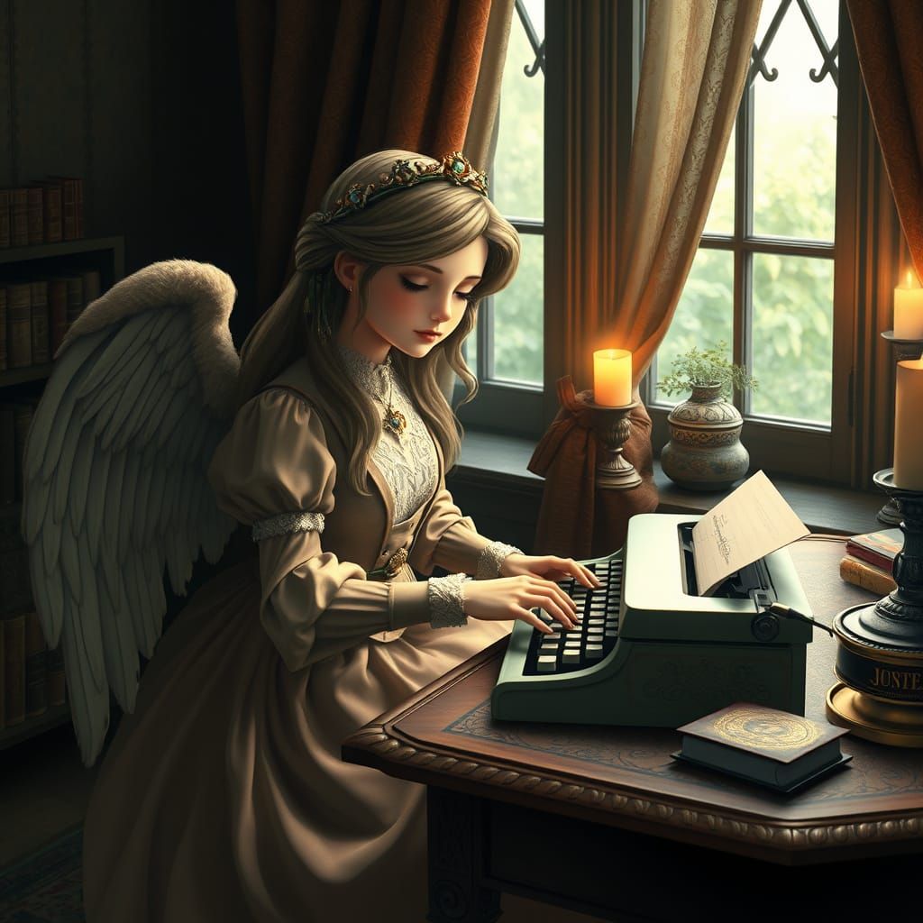 Angel Typist in Whimsical Study