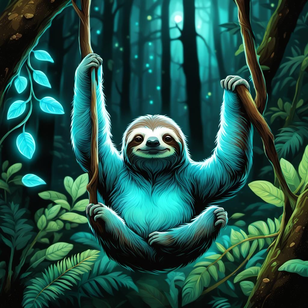 Bioluminescent Sloth in a Glowing Forest