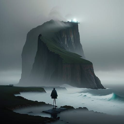 Mystical Cliffside Solitude in a Moody, Atmospheric Style