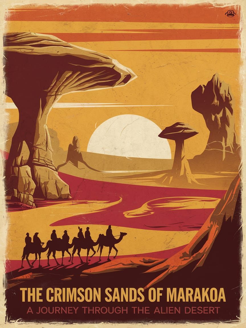 Vintage Travel Poster of an Alien Desert Caravan
