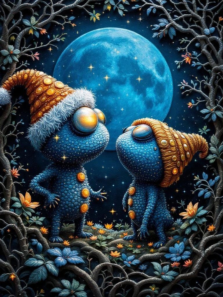 Two Shy Eyeball Hat Monsters Backlit by the Moon