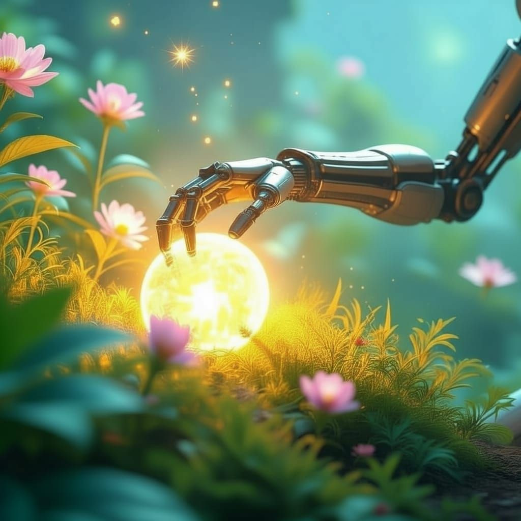 Clockwork Automaton in Bioluminescent Alien Garden