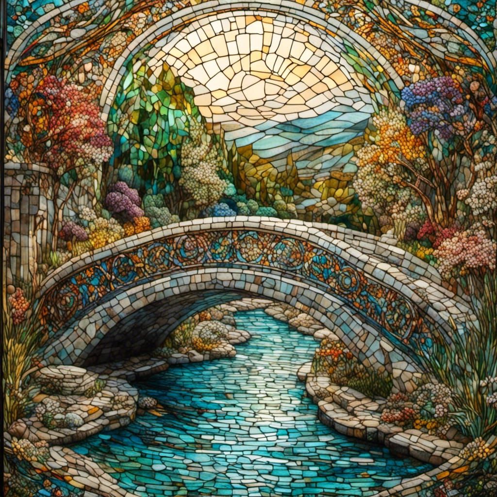 Stained Glass Mosaic Cobblestone Bridge in Tiffany Style