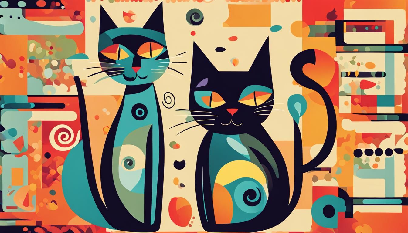 Modernist Cartoon of Two Cats in Vivid Colors