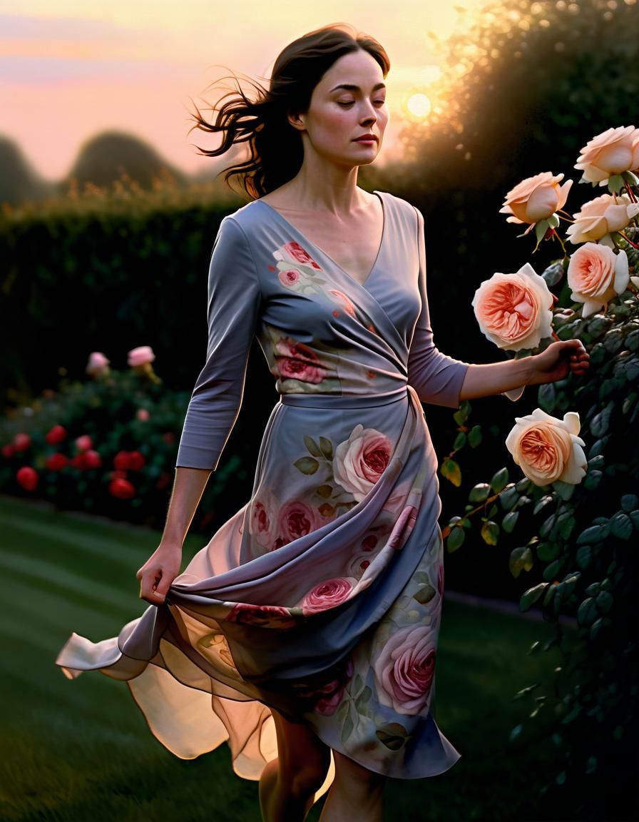 Ethereal Woman in Garden, Chiaroscuro Oil Painting