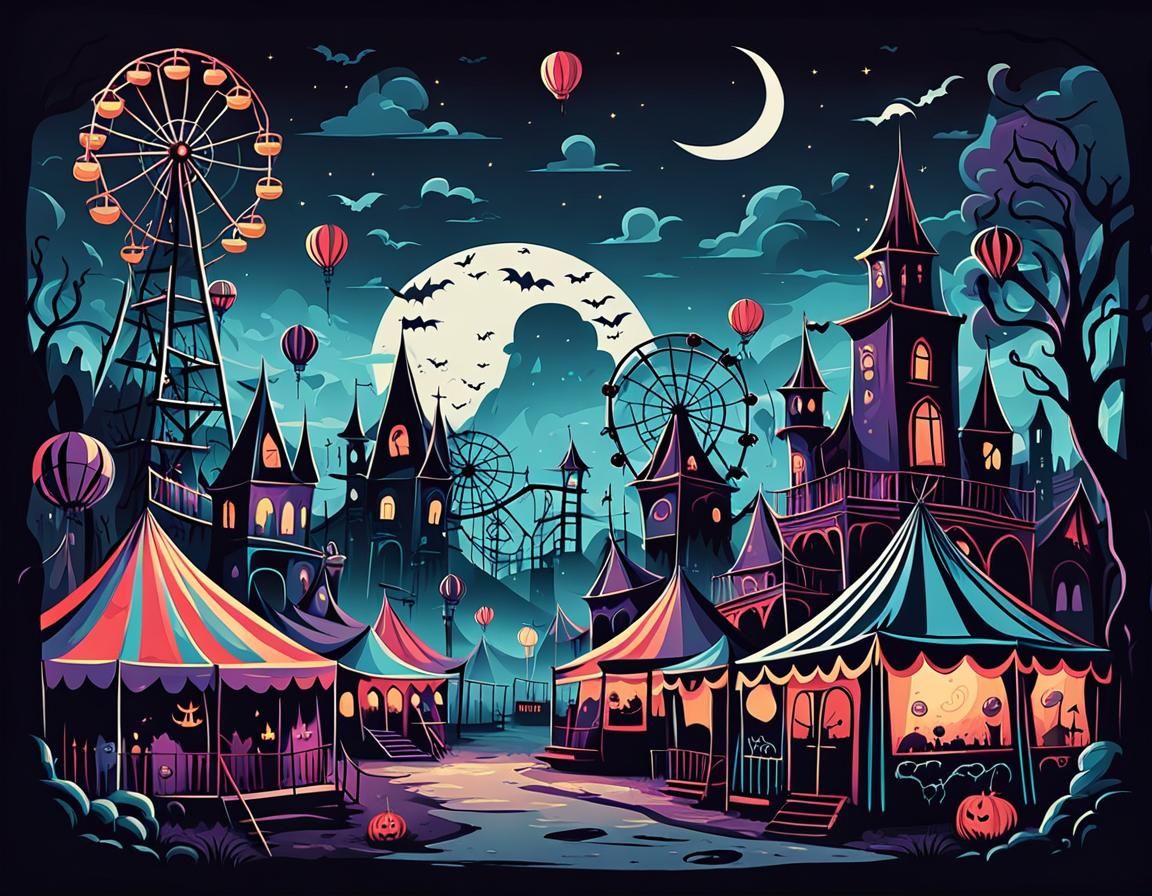 Haunted Carnival Night in Dark Whimsical Vector Style
