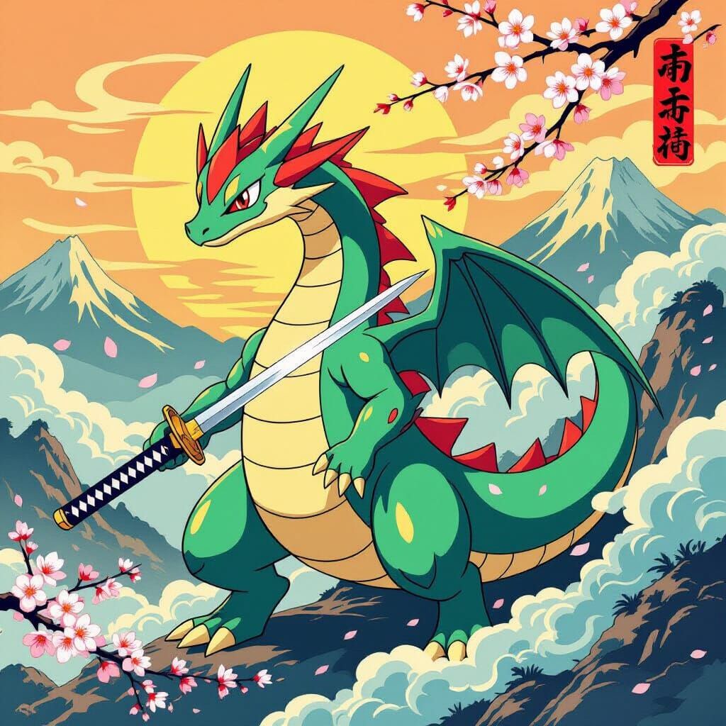 Majestic Rayquaza in Ukiyo-e Style with Katana