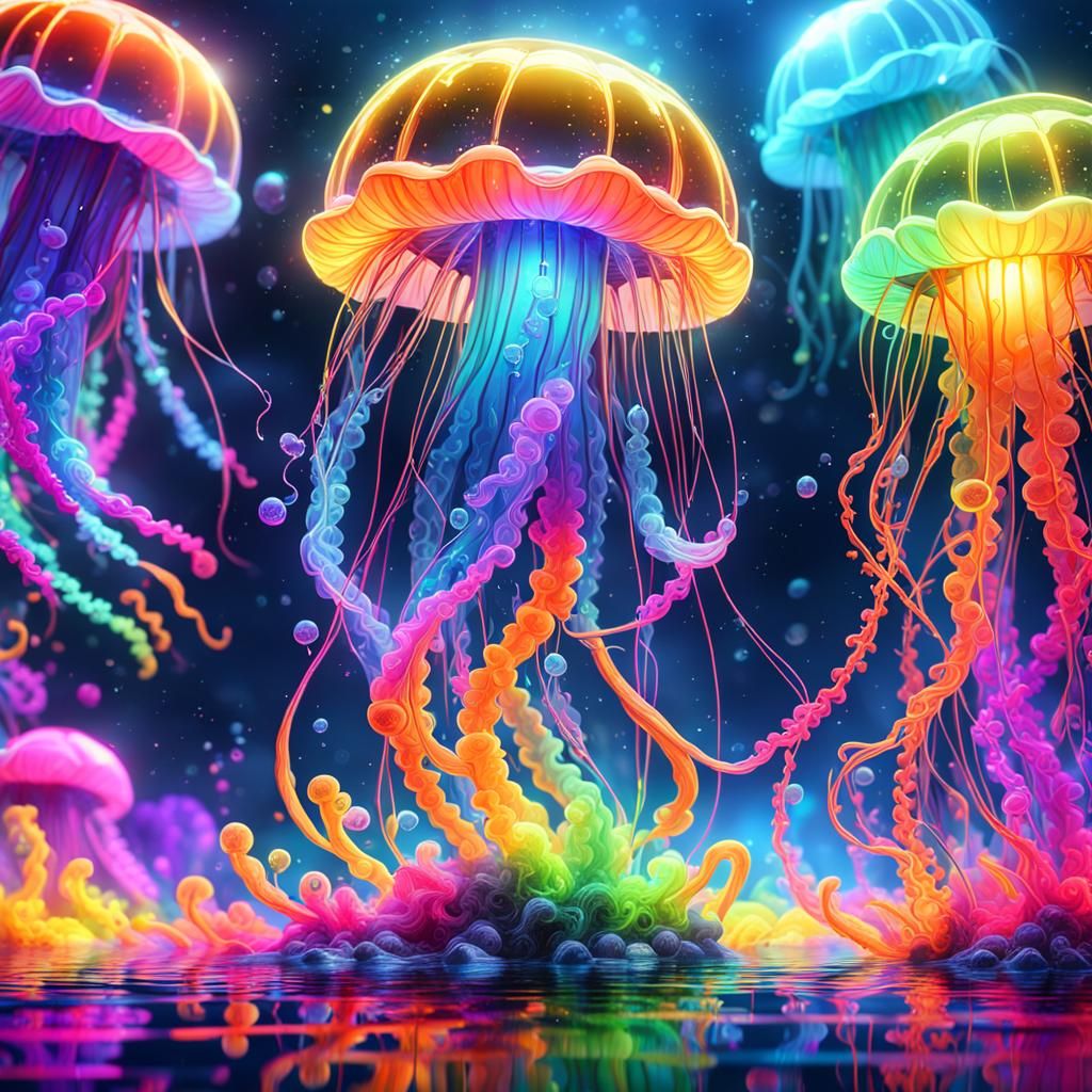 Neon Rainbow Jellyfish Glowing in Deep Color