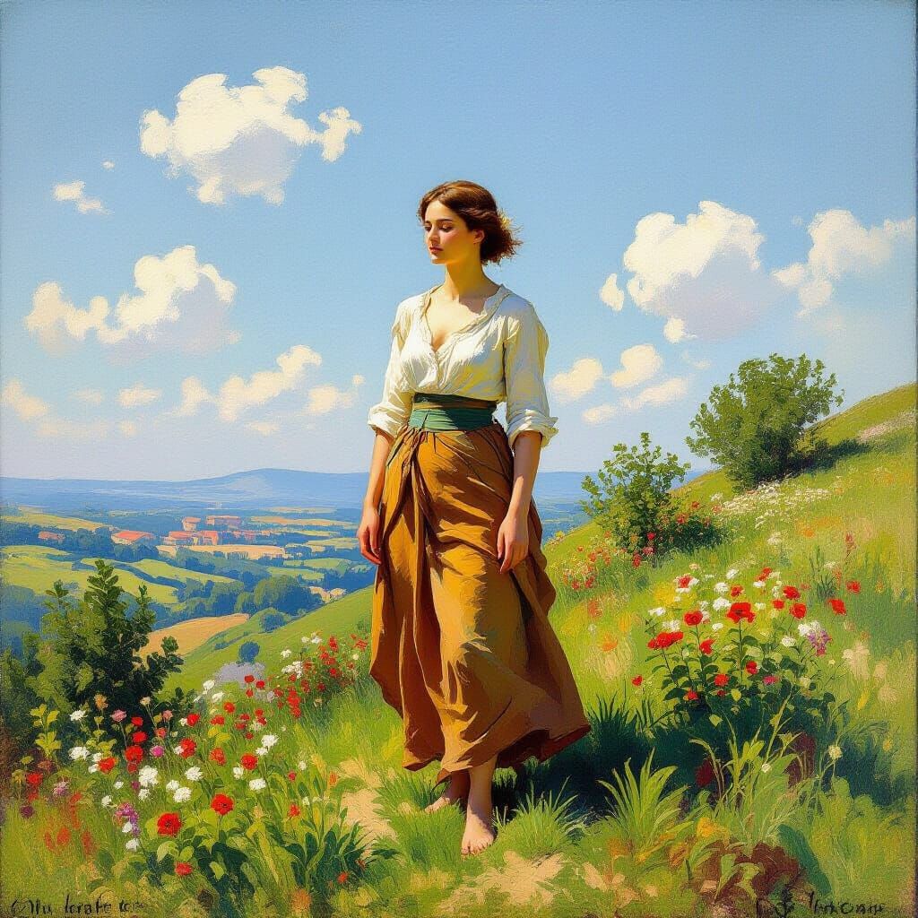 Homo Sapien in Impressionist Landscape with Flora and Fauna