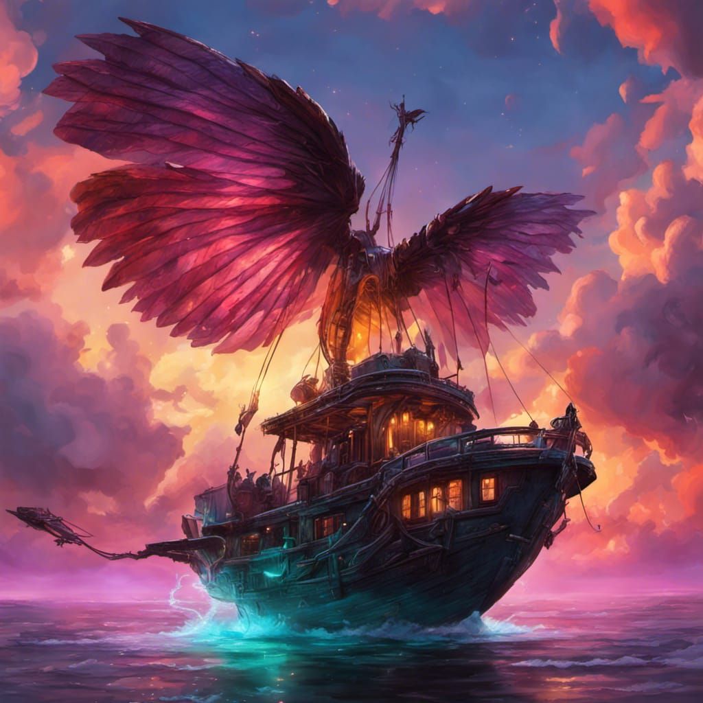 Magical Skyboat with Neon Wings in Sunset