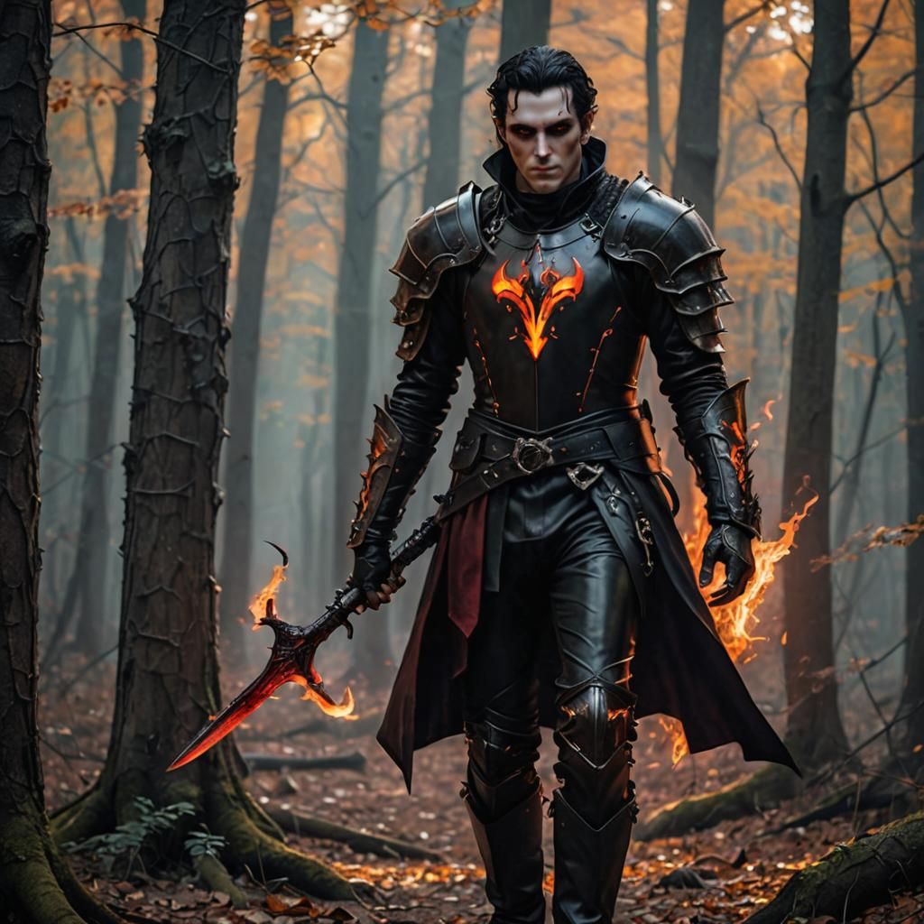 Beautiful vampire strahd with amber eyes and a fiery aura wearing black leather armor showing his full body in a forest.