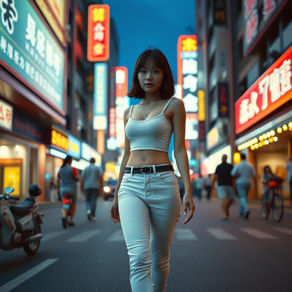 Japanese Woman on Neon Tokyo Street in 80s Style